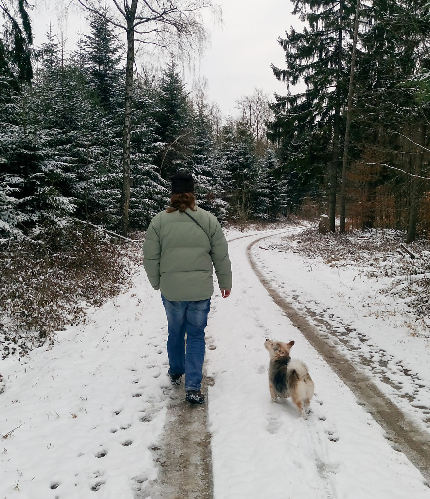 Papa geht mit Rin im Wald spazieren – hier liegt noch Schnee.